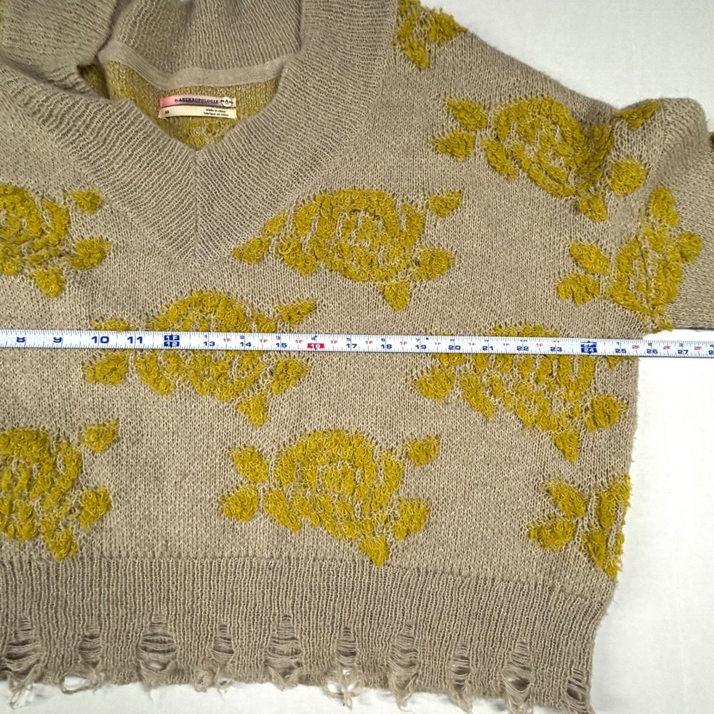Anthropologie Floral Rose Distressed Alpaca Blend V-Neck Sweater Beige Yellow XS - Picture 5 of 9